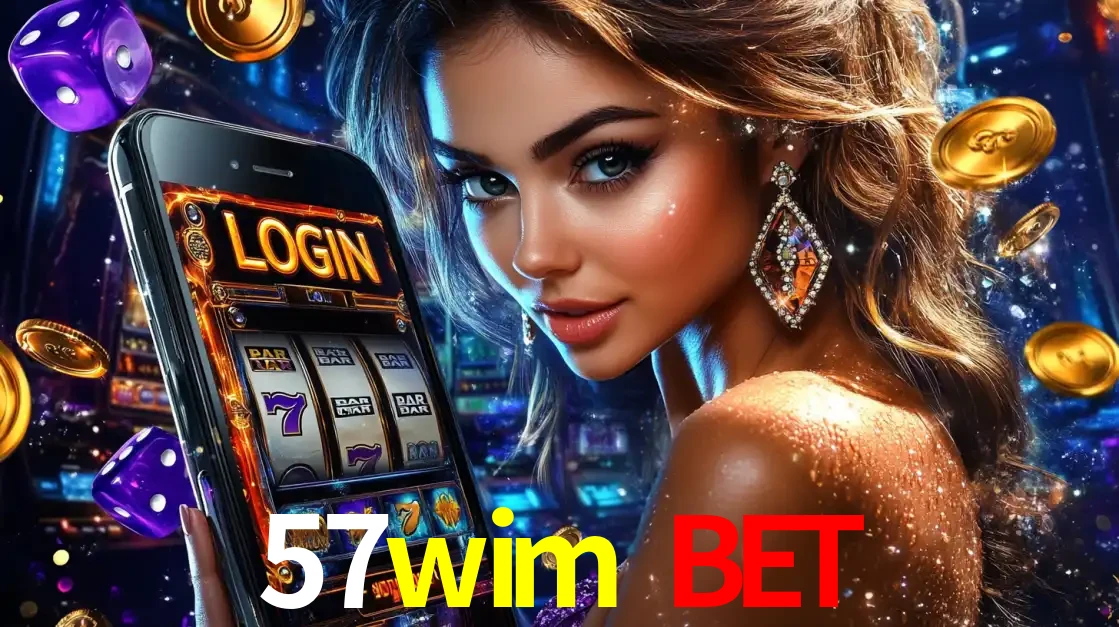 Mulher glamorosa segurando um smartphone com a tela de login para os jogos de caça-níqueis do cassino online 57wim bet, com moedas de ouro e dados ao redor.