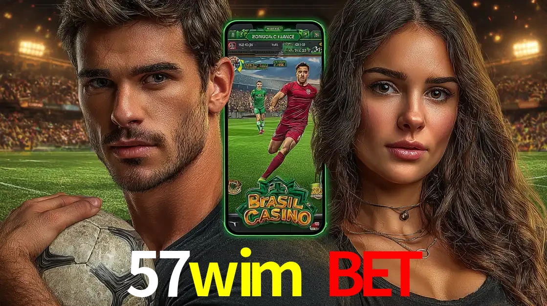 Homem segurando uma bola de futebol e uma mulher ao lado de um smartphone exibindo o jogo de apostas esportivas da 57wim bet. Faça seu palpite no cassino online.